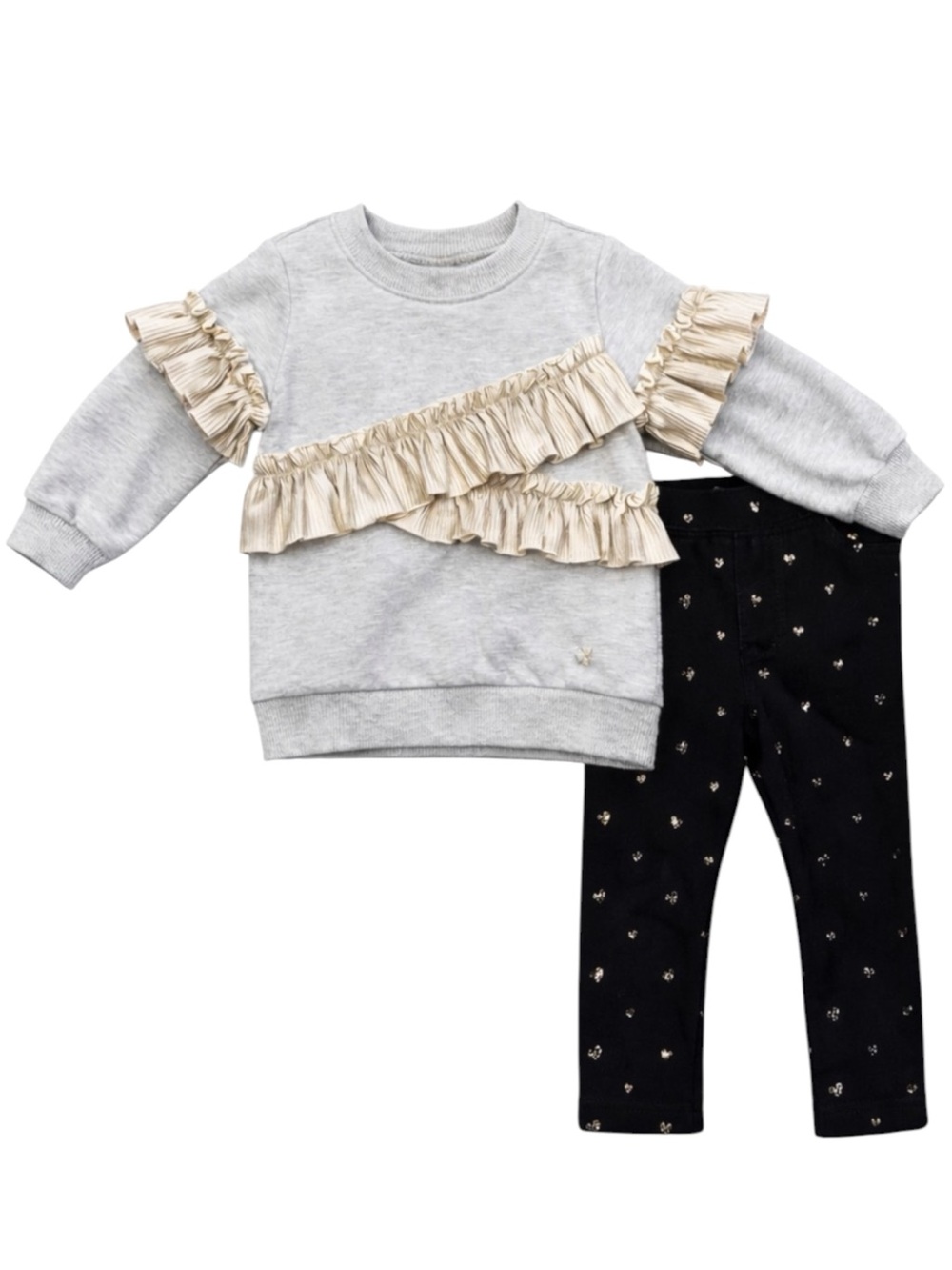 Calvin Klein Jeans Baby Girl Outfit 18M Gray Shiny Ruffle Top & Heart Leggings